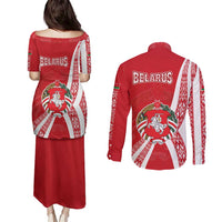 Belarus Couples Matching Puletasi and Long Sleeve Button Shirt with National Emblem and Traditional Pattern Red