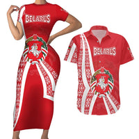 Belarus Couples Matching Short Sleeve Bodycon Dress and Hawaiian Shirt with National Emblem and Traditional Pattern Red