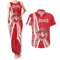 Belarus Couples Matching Tank Maxi Dress and Hawaiian Shirt with National Emblem and Traditional Pattern Red