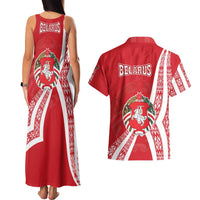Belarus Couples Matching Tank Maxi Dress and Hawaiian Shirt with National Emblem and Traditional Pattern Red