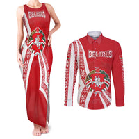 Belarus Couples Matching Tank Maxi Dress and Long Sleeve Button Shirt with National Emblem and Traditional Pattern Red