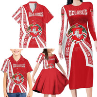 Belarus Family Matching Long Sleeve Bodycon Dress and Hawaiian Shirt with National Emblem and Traditional Pattern Red