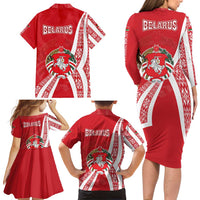 Belarus Family Matching Long Sleeve Bodycon Dress and Hawaiian Shirt with National Emblem and Traditional Pattern Red