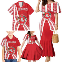 Belarus Family Matching Mermaid Dress and Hawaiian Shirt with National Emblem and Traditional Pattern Red