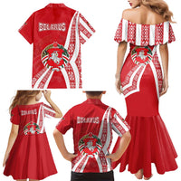 Belarus Family Matching Mermaid Dress and Hawaiian Shirt with National Emblem and Traditional Pattern Red