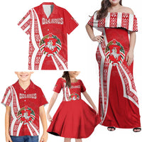 Belarus Family Matching Off Shoulder Maxi Dress and Hawaiian Shirt with National Emblem and Traditional Pattern Red