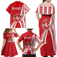 Belarus Family Matching Off Shoulder Maxi Dress and Hawaiian Shirt with National Emblem and Traditional Pattern Red