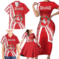 Belarus Family Matching Short Sleeve Bodycon Dress and Hawaiian Shirt with National Emblem and Traditional Pattern Red