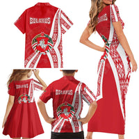Belarus Family Matching Short Sleeve Bodycon Dress and Hawaiian Shirt with National Emblem and Traditional Pattern Red