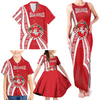 Belarus Family Matching Tank Maxi Dress and Hawaiian Shirt with National Emblem and Traditional Pattern Red