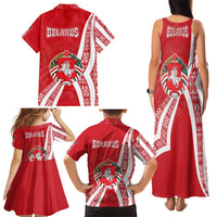 Belarus Family Matching Tank Maxi Dress and Hawaiian Shirt with National Emblem and Traditional Pattern Red