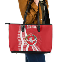 Belarus Leather Tote Bag with National Emblem and Traditional Pattern Red