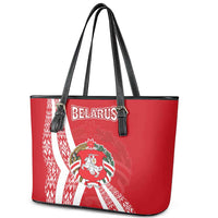 Belarus Leather Tote Bag with National Emblem and Traditional Pattern Red