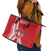 Belarus Leather Tote Bag with National Emblem and Traditional Pattern Red