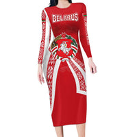 Belarus Long Sleeve Bodycon Dress with National Emblem and Traditional Pattern Red