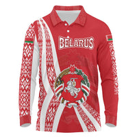 Belarus Long Sleeve Polo Shirt with National Emblem and Traditional Pattern Red