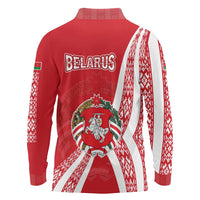 Belarus Long Sleeve Polo Shirt with National Emblem and Traditional Pattern Red