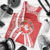 Belarus Men Tank Top with National Emblem and Traditional Pattern Red