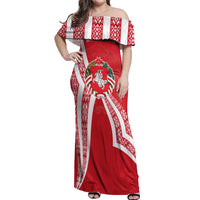 Belarus Off Shoulder Maxi Dress with National Emblem and Traditional Pattern Red