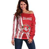 Belarus Off Shoulder Sweater with National Emblem and Traditional Pattern Red