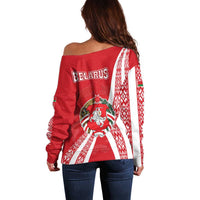 Belarus Off Shoulder Sweater with National Emblem and Traditional Pattern Red