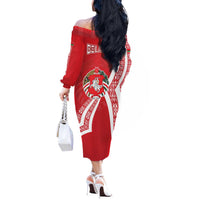 Belarus Off The Shoulder Long Sleeve Dress with National Emblem and Traditional Pattern Red
