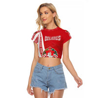 Belarus Raglan Cropped T Shirt with National Emblem and Traditional Pattern Red