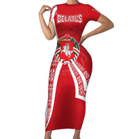 Belarus Short Sleeve Bodycon Dress with National Emblem and Traditional Pattern Red