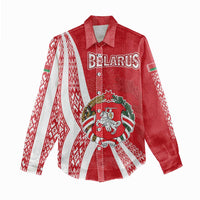 Belarus Women Casual Shirt with National Emblem and Traditional Pattern Red
