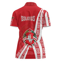 Belarus Women Polo Shirt with National Emblem and Traditional Pattern Red
