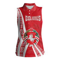Belarus Women Sleeveless Polo Shirt with National Emblem and Traditional Pattern Red