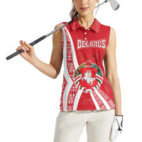 Belarus Women Sleeveless Polo Shirt with National Emblem and Traditional Pattern Red