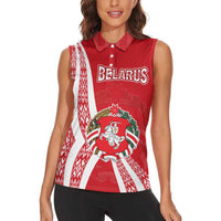 Belarus Women Sleeveless Polo Shirt with National Emblem and Traditional Pattern Red