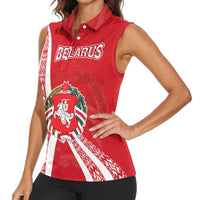 Belarus Women Sleeveless Polo Shirt with National Emblem and Traditional Pattern Red