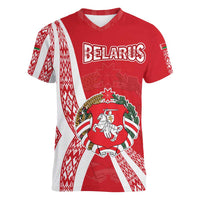 Belarus Women V-Neck T-Shirt with National Emblem and Traditional Pattern Red