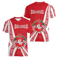 Belarus Women V-Neck T-Shirt with National Emblem and Traditional Pattern Red