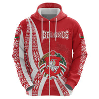 Belarus Zip Hoodie with National Emblem and Traditional Pattern Red