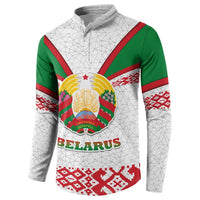 Belarus National Emblem Button Sweatshirt with Folk Pattern White Green Red Sweatshirt