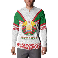 Belarus National Emblem Button Sweatshirt with Folk Pattern White Green Red Sweatshirt