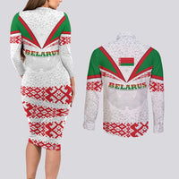 Belarus National Emblem Couples Matching Long Sleeve Bodycon Dress and Long Sleeve Button Shirt with Folk Pattern White Green Red Sweatshirt