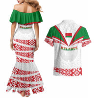 Belarus National Emblem Couples Matching Mermaid Dress and Hawaiian Shirt with Folk Pattern White Green Red Sweatshirt