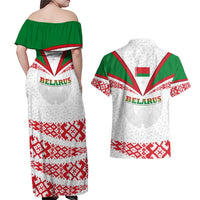 Belarus National Emblem Couples Matching Off Shoulder Maxi Dress and Hawaiian Shirt with Folk Pattern White Green Red Sweatshirt