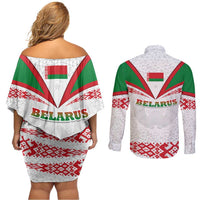 Belarus National Emblem Couples Matching Off Shoulder Short Dress and Long Sleeve Button Shirt with Folk Pattern White Green Red Sweatshirt