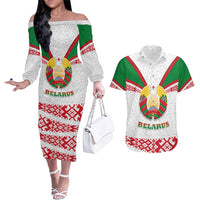 Belarus National Emblem Couples Matching Off The Shoulder Long Sleeve Dress and Hawaiian Shirt with Folk Pattern White Green Red Sweatshirt