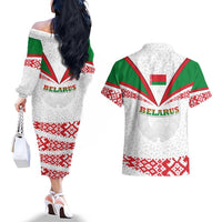 Belarus National Emblem Couples Matching Off The Shoulder Long Sleeve Dress and Hawaiian Shirt with Folk Pattern White Green Red Sweatshirt