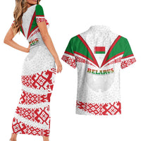 Belarus National Emblem Couples Matching Short Sleeve Bodycon Dress and Hawaiian Shirt with Folk Pattern White Green Red Sweatshirt