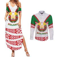 Belarus National Emblem Couples Matching Summer Maxi Dress and Long Sleeve Button Shirt with Folk Pattern White Green Red Sweatshirt