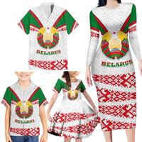 Belarus National Emblem Family Matching Long Sleeve Bodycon Dress and Hawaiian Shirt with Folk Pattern White Green Red Sweatshirt