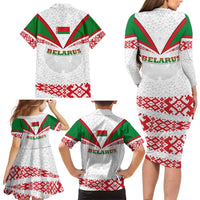 Belarus National Emblem Family Matching Long Sleeve Bodycon Dress and Hawaiian Shirt with Folk Pattern White Green Red Sweatshirt