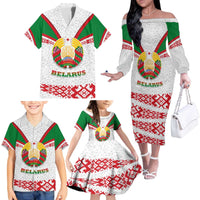 Belarus National Emblem Family Matching Off The Shoulder Long Sleeve Dress and Hawaiian Shirt with Folk Pattern White Green Red Sweatshirt